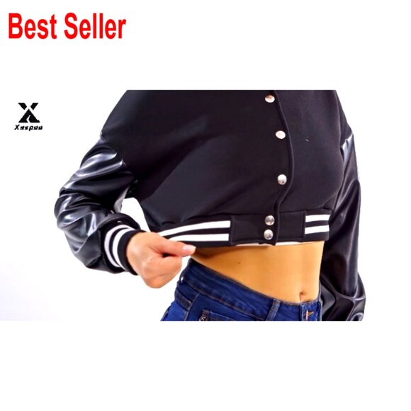 Faux Leather Baseball Bomber Jacket Crop Button Closure Casual Streetwear - Picture 6 of 6